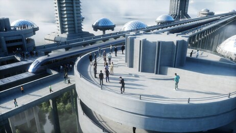 futuristic train station with monorail and train. traffic of people, crowd. concrete architecture. future concept. 3d rendering.