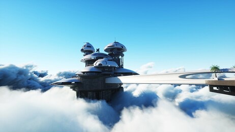futuristic city station on the clouds. flying futuristic ships. concept of future. 3d rendering.