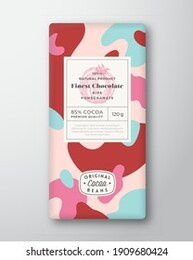 pomegranate chocolate label. abstract shapes vector packaging design layout with realistic shadows. modern typography, hand drawn fruit silhouette and colorful camouflage pattern background. isolated.