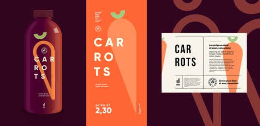 carrots. flat vector illustration. price tag, label, packaging and product poster. label design template on a bottle. minimalistic, modern label.