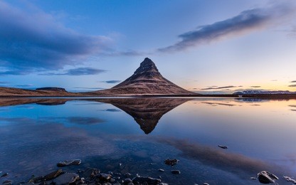 kirkjufell mountain reflection in beautiful sunrise, iceland