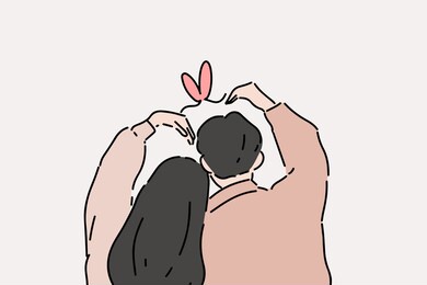 back view of the young couple posing the love sign. simple outlined hand-drawn style vector illustration of romantic couple in love