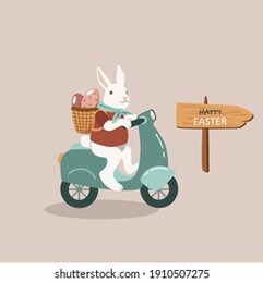 cute cartoon  funny bunny with  basket and easter eggs on the scooter. easter celebration. concept festive illustration. 