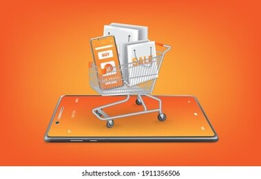 online shopping template via smartphone application,a shopping cart full of stuff on the smartphone