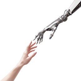 female human and robot's hands as a symbol of connection between people and artificial intelligence technology isolated on white for design