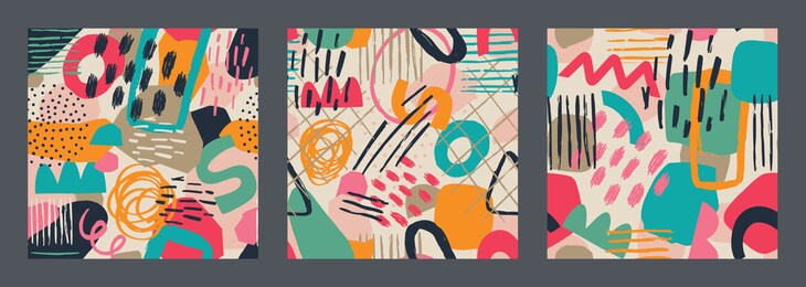 set of hand drawn various shapes and leaves, spots, dots and lines. different colors. abstract contemporary seamless pattern. modern patchwork illustration in vector