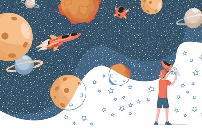boy in modern clothes drawing cosmos, planets, spaceships and stars vector flat illustration. cute child dreaming of space travelling. children imagination and creativity.