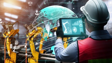 smart industry robot arms modernization for digital factory technology . concept of automation manufacturing process of industry 4.0 or 4th industrial revolution and iot software control operation .