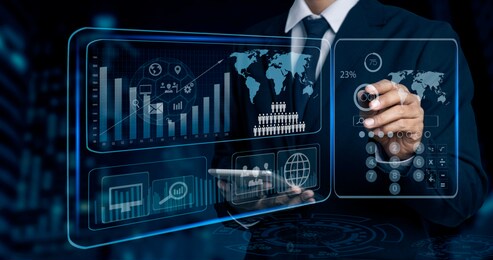 double exposure of businessman hand touching on smart digital marketing virtual chart, abstract icon, business strategy concept.