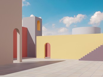 minimal style colorful building exterior with blue sky background 3d render