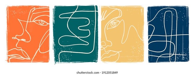 one line art posters. abstract female face painting. woman contour silhouette. continuous drawing portrait illustration. contemporary minimalist set. fashion graphic design. vector artwork.
