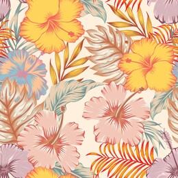 exotic vector seamless fashionable hand drawing hibiscus flowers with palm tree leaves on light yellow background. tropical summer pattern modern wallpaper