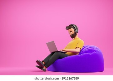 handsome beard cartoon character man in yellow t-shirt with headphones work with laptop at purple bean bag armchair over pink background. 3d render illustration.