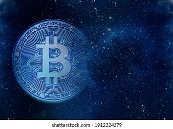 bitcoin symbol, digital money on starry sky, concept picture about cryptocurrency business in the world