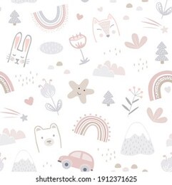 seamless pattern with cute animals faces and childhood symbols. childish print for nursery in a scandinavian style for baby clothes, interior, packaging. vector cartoon illustration in pastel colors.