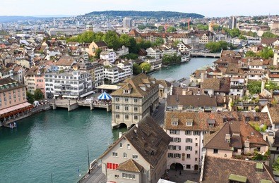 the aerial view of zurich cityscape from the tower of famous grossmunster cathedral