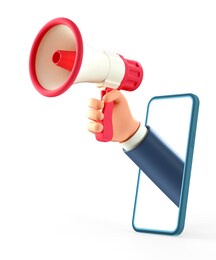 3d illustration of cartoon businessman hand holding megaphone through smartphone screen. social media concept, business advertising, mobile application. isolated on white background.