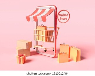3d illustration. smartphone with shopping cart and paper bags. shop online concept.