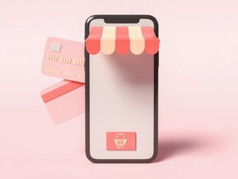 3d illustration. smartphone with credit cards on the side. online shop and e-commerce concept.