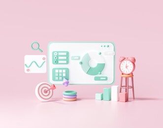 3d seo optimization, web analytics and seo marketing social media concept. 3d render illustration