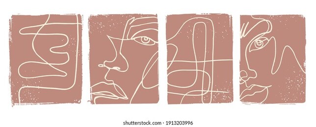 one line art posters. abstract female face painting. woman contour silhouette. continuous drawing portrait illustration. contemporary minimalist set. fashion graphic design. vector artwork.