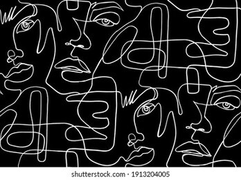 abstract one line seamless pattern. continuous outline background with female faces. modern woman aesthetic contour. fashion print. stylized printable design in sketch, doodle style. surreal texture.