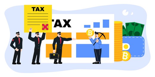 cryptocurrency taxation concept. tax agent collecting debt from a person. bitcoin vector illustration. funny cartoon style characters.	