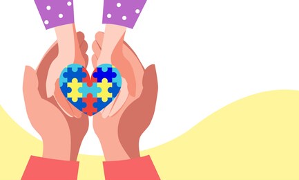 heart puzzle symbol of autism in human hands. concept for world autism day, help support children with autism. banner with copy space. stock vector illustration. 