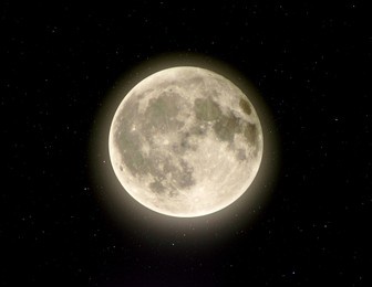 3d illustration of a full moon with a halo against stars in space.