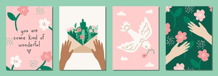 set of valentine's day greeting cards with flowers in modern, trendy colors, vector illustration.