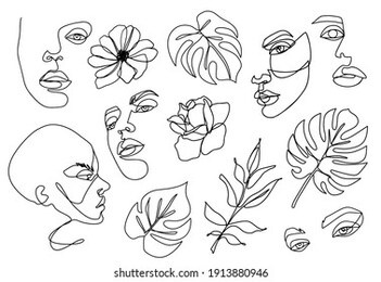 one line vector set. continuous line drawing. abstract woman portraits, flowers, monstera leaves isolated on white. surreal female face linear contour illustration. minimal outline silhouette.