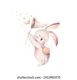 watercolor happy easter set with baby bunnies design. rabbit bunny kids illustration isolated on white. hand drawn easter cartoon forest hare animal bunny  decoration. nursery poster design.