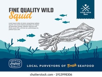 fine quality organic seafood. abstract vector food packaging design or label. modern typography and hand drawn squid and fishes silhouettes. sea bottom landscape background layout with banner.