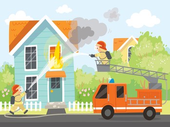 fireman put out house fire, firefighter, fireman stands in bucket on long ladder of firetruck and directs the water flow of water towards the fire.firefighters crew is putting out house fire on street