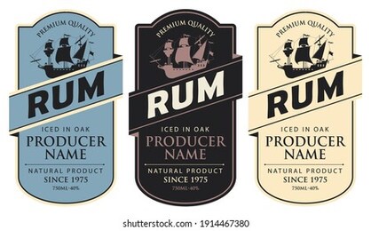 set of three vector labels for rum in a figured frames with sailing ships and inscriptions in retro style. premium quality, iced in oak, collection of strong alcoholic beverages