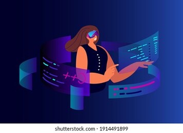 woman programmer working on web development in virtual reality head set.script coding,programming in php, python, javascript artificial languages. software developer. flat vector cartoon illustration.