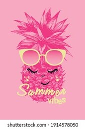 pink pineapple with face and glasses on pink background. vector illustration.