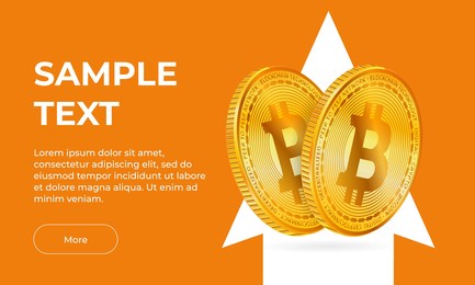 vector banner orange background 2 gold bitcoin coins on the background of a white arrow pointing up. currency growth. vector illustration