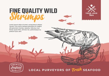 fine quality organic seafood. abstract vector food packaging design or label. modern typography and hand drawn shrimp and fishes silhouettes. sea bottom landscape background layout with banner.