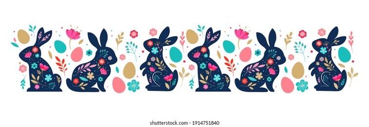 happy easter, decorated easter card, banner. bunnies, easter eggs, flowers and basket. folk style patterned design. 