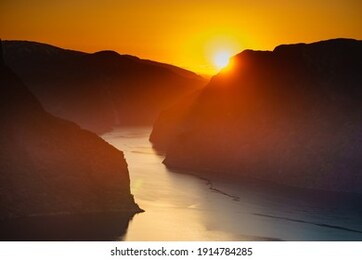 aurlandsfjord fjord landscape at sunset, norway scandinavia. national tourist route aurlandsfjellet