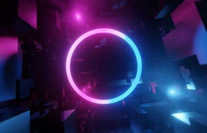 neon cyber city with neon circle light. 3d render