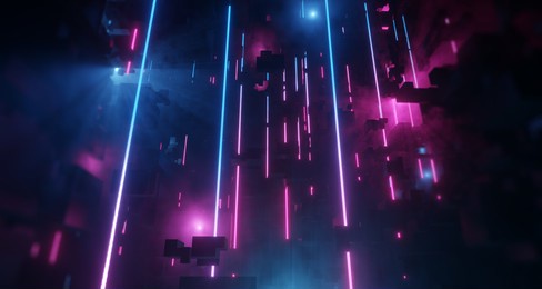 vertical neon tubes reflecting city with light tech abstract background. bright pink and blue neon lens flares, misty environment. 3d render