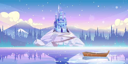 magic castle on mountain top at river pier with boat floating on water at winter day with falling snow. fairytale palace at beautiful landscape, fantasy medieval fortress, cartoon vector illustration
