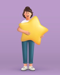 3d cartoon character. young woman holding and hugging a big star. customer review rating and client feedback concept. smiling cute brunette girl.  3d vector illustration.