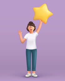 3d cartoon character. young woman waving hand saying hi and holding a big star. customer review rating and client feedback concept. smiling cute brunette girl.  3d vector illustration.