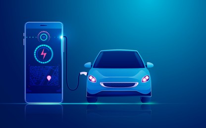 concept of ev charger station application on mobile, graphic of electric car charging by mobile phone