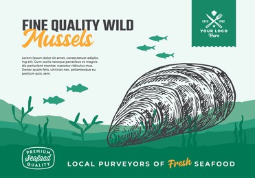 fine quality organic seafood. abstract vector food packaging design or label. modern typography and hand drawn mussel and fishes silhouettes. sea bottom landscape background layout with banner.