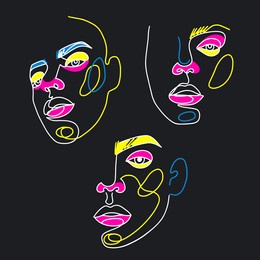 surreal face painting. one line art set. female contour silhouette. continuous drawing. abstract woman contemporary portrait. fashion minimalist graphic design. vector artwork. neon bright colors.