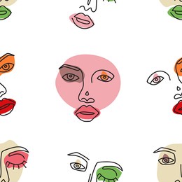 seamless pattern face line art. surreal face painting with soft color circles. vector surreal face background, linear art, colored illustration, woman faces. surreal women faced on white background